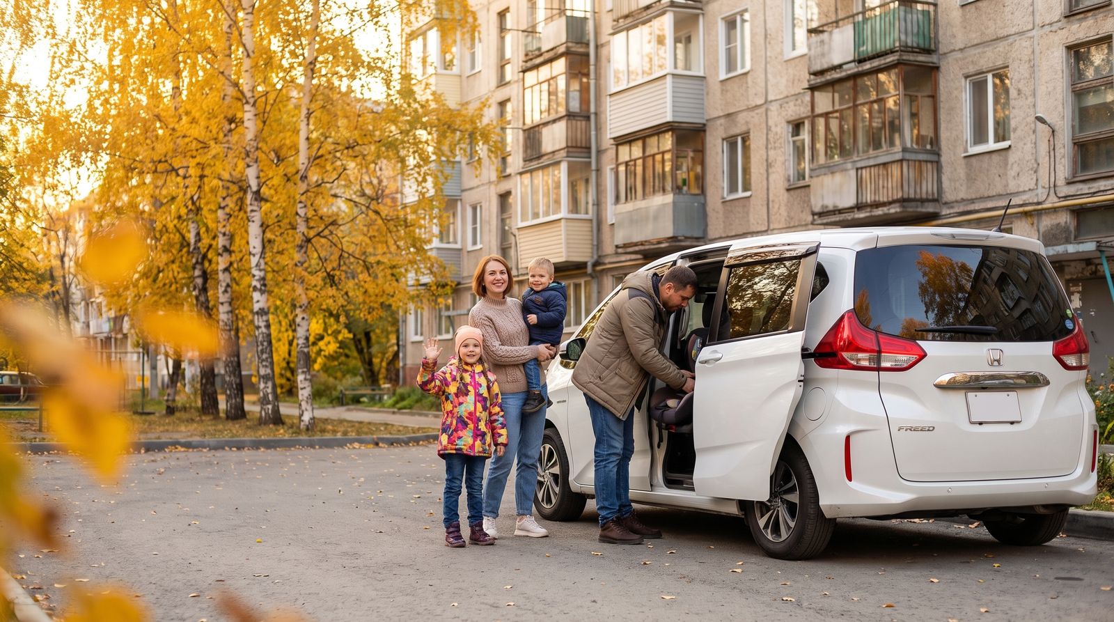 Семья с Honda Freed во дворе в Новосибирске